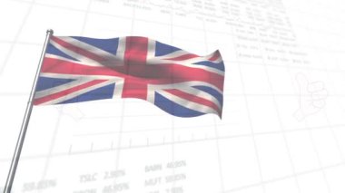Borsa animasyonu, beyaz zemin üzerinde İngiliz bayrağı sallayarak istatistiksel veri işleme. Küresel ekonomi ve vatanseverlik kavramı