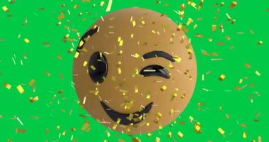 Yeşil arka planda, göz kırpan surat emojisinin üzerine düşen altın konfeti animasyonu. Sosyal medya ağı ve iş teknolojisi kavramı