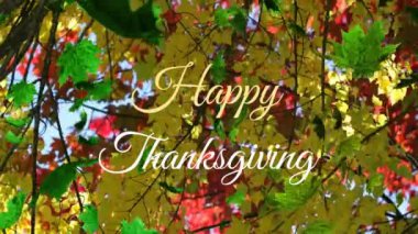 Düşen yeşil yaprakların animasyonu ve mutlu şükran günü metinleri, ağaçların gökyüzüne düşük açılı görüntüsü. Dijital bileşim, çoklu pozlama, doğa, şükran günü kutlaması, gelenek, sonbahar konsepti.