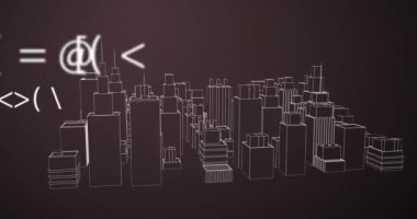 Gri arka planda dönen 3 boyutlu şehir modelinin sembollerini değiştirme animasyonu. Bilgisayar arayüzü ve mimari mühendislik teknolojisi kavramı