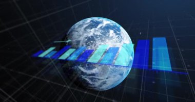 Mavi arka planda dünya çapında istatistiksel veri işleme animasyonu. Küresel ağ ve iş veri teknolojisi kavramı