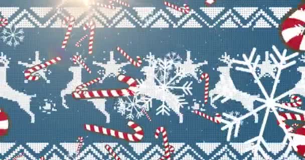 糖果手杖的动画 雪花飘落在蓝色背景的圣诞传统图案上 圣诞庆典和庆祝活动的概念 — 图库视频影像