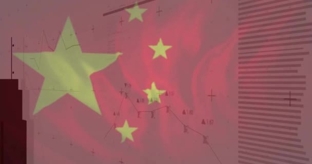 Arka Planda Çin Bayrağı Üzerinde Çizgi Bar Grafiklerinin Animasyonu Dijital — Stok video