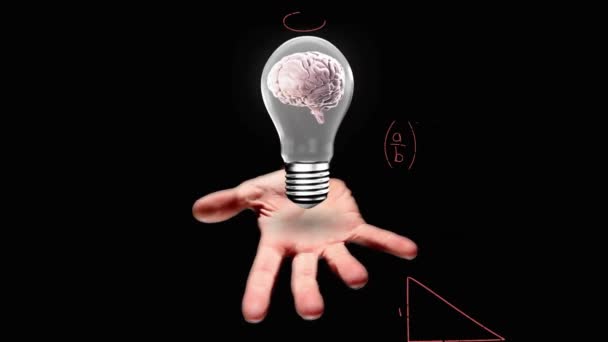 Animation Der Glühbirne Mit Gehirn Über Der Hand Der Frau — Stockvideo