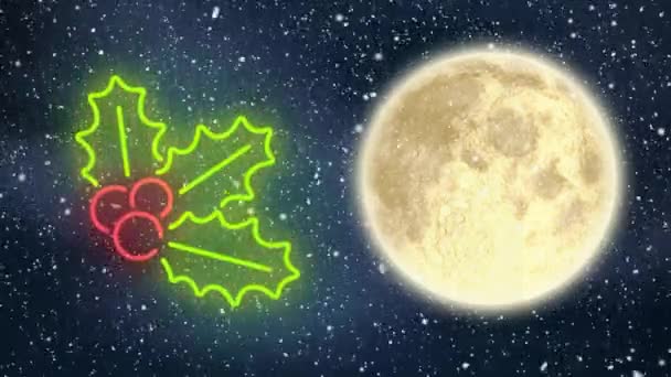 冬季风景背景下 神圣的霓虹灯在满月上空的动画 圣诞节 庆祝运动和数字制作视频的色彩概念 — 图库视频影像
