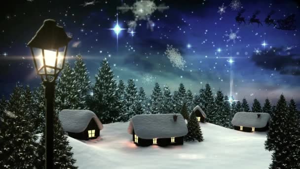 Animation Snowflakes Santa Riding Sleigh Reindeers Houses Trees Sky Digitally — Stock Video