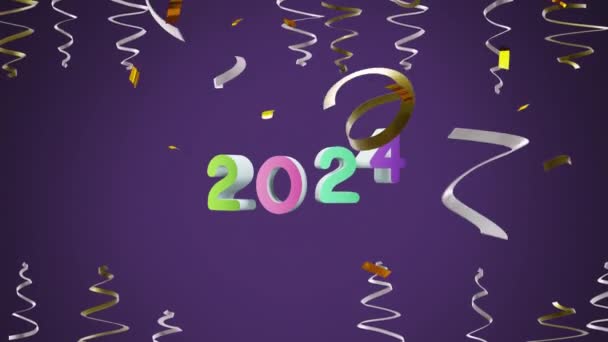 Анімація 2024 Партійних Стримерів Конфетті Фіолетовому Фоні Новий Рік Переддень — стокове відео