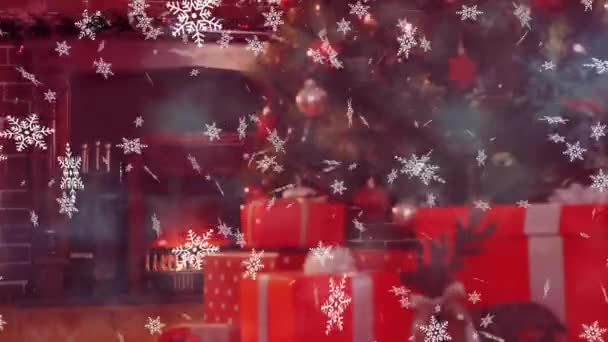 Animace Sněhových Vloček Santech Soby Přes Krabice Vánoční Stromeček Digitálně — Stock video