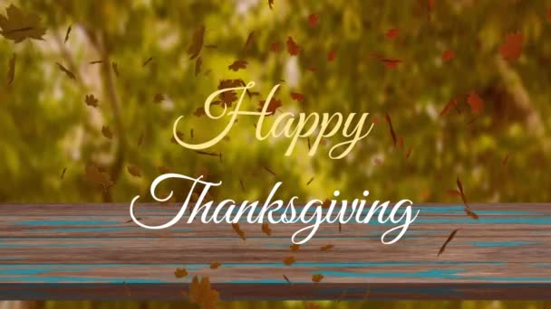 在树叶上和木桌上 用欢乐的感恩文字在树上动画 数码合成 多重曝光 感恩庆典 传统与秋天的概念 — 图库视频影像