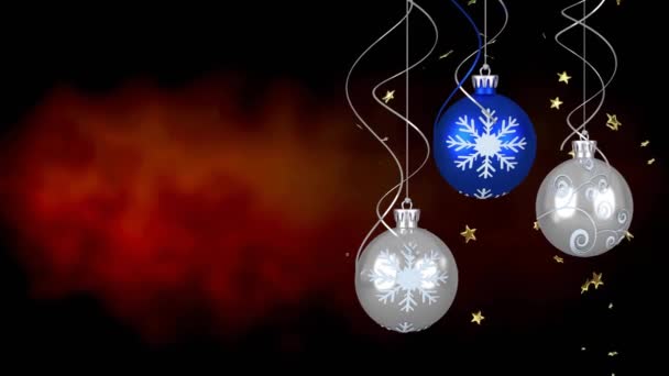 Animatie Van Hangende Kerstballen Sterren Met Abstract Patroon Zwarte Achtergrond — Stockvideo