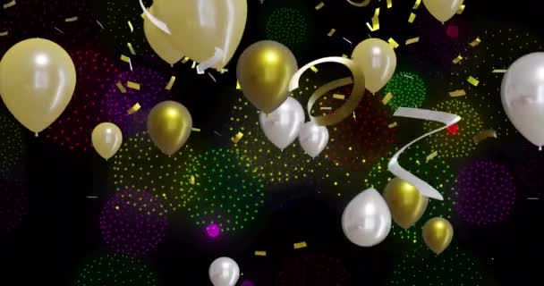 Animering Guld Och Silver Ballonger Med Fyrverkerier Svart Bakgrund Nytt — Stockvideo