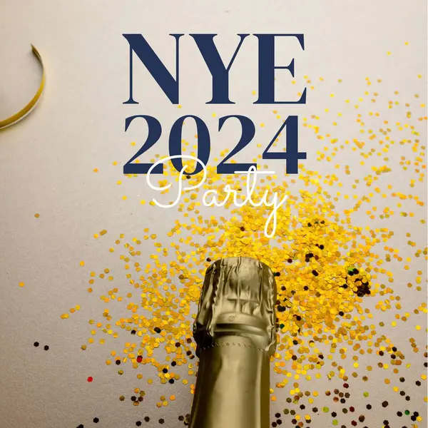 Composite of nye 2024 party text over champagne bottle and confetti on white background. Alcohol, drink, new year eve, decoration, greeting, tradition, holiday and celebration concept.