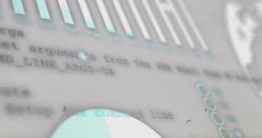 Gri arka planda istatistiksel veri işleme ve dönen dünya arayüzü animasyonu. Bilgisayar arayüzü ve iş veri teknolojisi kavramı