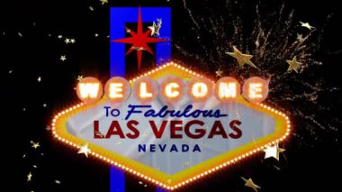 Efsanevi Las Vegas Nevada metinlerine hoş geldiniz animasyonu tabelasında ve siyah arkaplanda yıldızlar. Dijital olarak üretilmiş, hologram, illüstrasyon, selamlama, kumarhane ve şehir konsepti.