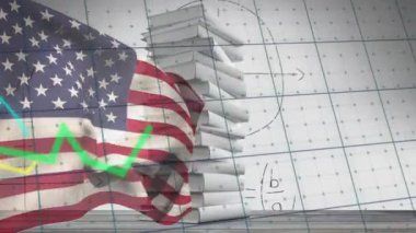 Amerikan bayrağının çizgi grafikleri, geometrik açılar ve denklemler üzerine çizgi üzerine animasyonu. Dijital kompozit, vatanseverlik, bağımsızlık, eğitim, matematik, öğrenme, ticaret, rapor, büyüme.