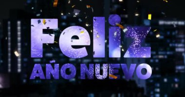 Feliz ano nuevo metin ve konfeti animasyonu. Yeni yıl, yeni yıl arifesi, kutlama ve geleneksel konsept dijital olarak oluşturulmuş video.
