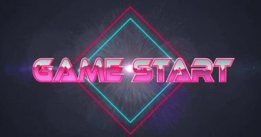 Oyun başlatma metninin neon arkaplan üzerinde canlandırması. Dijital arayüz, iletişim, hesaplama ve veri işleme kavramı dijital olarak oluşturuldu.