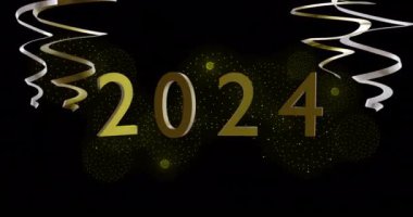2024 animasyonu ve siyah arka planda parti flamaları. Yeni yıl, yeni yıl arifesi, parti, kutlama ve geleneksel konsept dijital olarak oluşturulmuş video.