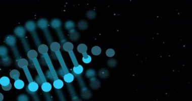 Siyah arkaplan üzerinde DNA ipliği ve veri işleme animasyonu. Küresel bilim, bilgisayar ve veri işleme kavramı dijital olarak oluşturulmuş video.