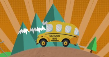 Şehir manzarasına karşı okul servisi simgelerinin animasyonu ve pürüzsüz bir şekilde radyal arka plan. Okul ve eğitim kavramı