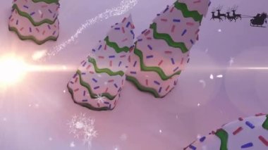 Mutlu noel mesajları üzerine kar yağışı animasyonu ve gökyüzünde aya karşı dekore edilmiş evler. Dijital olarak üretilmiş, hologram, illüstrasyon, tatil, olay, kış ve kutlama konsepti.