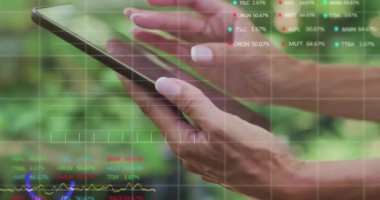 Tablet kullanan beyaz kadın üzerinde finansal veri işleme animasyonu. Küresel iş, hesaplama, ağlar, dijital arayüz ve dijital olarak oluşturulmuş video işleme kavramı.