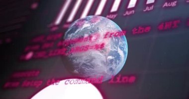 Dünyanın dört bir yanında kara fon karşısında dünya, grafik ve bilgisayar dillerinin animasyonu. Dijital olarak üretilmiş, hologram, rapor, iş, küreselleşme, programlama dili, kodlama ve teknoloji.