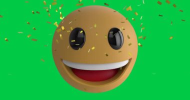 Yeşil arka planda gülen surat emojisinin üzerine düşen altın konfeti animasyonu. Sosyal medya ağı ve iş teknolojisi kavramı