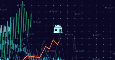 Mavi arkaplan ile ızgara ağı üzerinden istatistiksel veri işleme animasyonu. Bilgisayar arayüzü ve iş veri teknolojisi kavramı