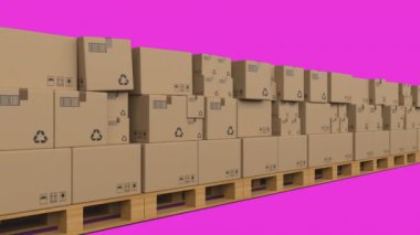 Ahşap zeminde pembe arka planda karton kutuların canlandırılması. Dijital bileşik, çoklu pozlama, envanter, nakliye, soyut, konteynır ve dağıtım konsepti.