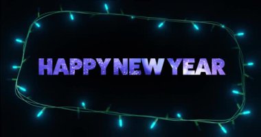 Mutlu yıllar metinleri ve siyah arka planda peri ışıkları animasyonu. Yeni yıl, yeni yıl arifesi, kutlama ve geleneksel konsept dijital olarak oluşturulmuş video.