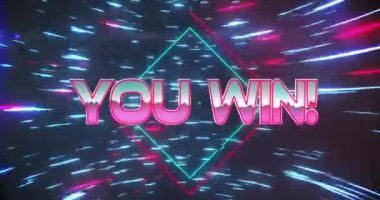 Sendeki animasyon, neon desenli arka planda metni kazanıyor. Küresel video oyunu, dijital arayüz, iletişim, bilgisayar ve veri işleme kavramı dijital olarak oluşturuldu.