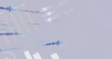 Finansal veri işleme animasyonu ve ışık arkaplanı üzerindeki istatistikler. Dijital olarak oluşturulmuş küresel istatistik, bilgisayar ve veri işleme kavramı.