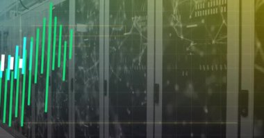 Bilgisayar sunucu odasına karşı istatistiksel veri işleme ve bağlantı ağının animasyonu. Bilgisayar arayüzü ve iş veri depolama teknolojisi kavramı