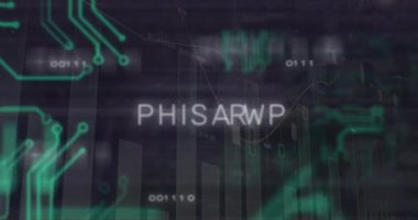 Bilgisayar devresi ve veri işleme üzerinde sahte metin canlandırması. Dijital olarak oluşturulmuş küresel çevrimiçi güvenlik, bilgisayar ve veri işleme kavramı.