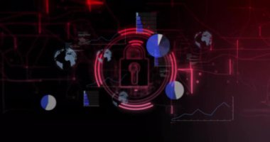 Siyah zemin üzerinde daireler, grafikler, küreler ve bilgisayar dilinde asma kilit animasyonu. Dijital olarak üretilmiş, hologram, koruma, küreselleşme, rapor, iş dünyası, kodlama ve teknoloji kavramı.