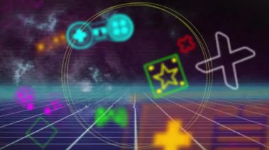 Canlı ve soyut şekilli arkaplan üzerinden video oyunu şablonu animasyonu. Küresel video oyunu, dijital arayüz, iletişim, bilgisayar ve veri işleme kavramı dijital olarak oluşturuldu.