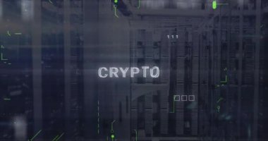 Veri sunucu sistemleri üzerinde devre kartı desenli ikili kodların ve şifreli metnin animasyonu. Dijital bileşik, çoklu pozlama, bilgisayar dili, para birimi, veri merkezi, ağ ve teknoloji