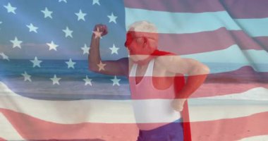 Yazın plajda Amerikan bayrağının Kafkasyalı süper kahraman üzerinde canlandırılması. Usa, Amerikan vatanseverliği, ulusal bayrak ve yaşam tarzı konsepti dijital olarak oluşturulmuş video.