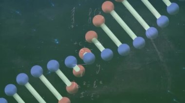 Karanlık arka planda DNA ipliği ve veri işleme animasyonu. Küresel bilim, bağlantılar, hesaplama ve veri işleme kavramı dijital olarak oluşturulmuş video.