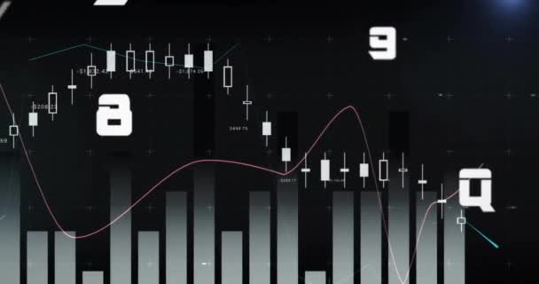Animation Wechselnder Zahlen Und Buchstaben Mit Graphen Auf Schwarzem Hintergrund — Stockvideo