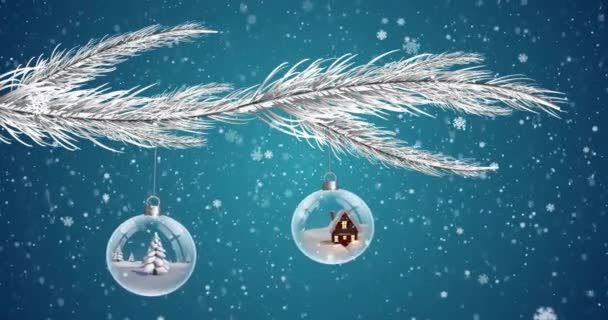 Animazione Neve Che Cade Sopra Palle Neve Natale Nel Paesaggio — Video Stock