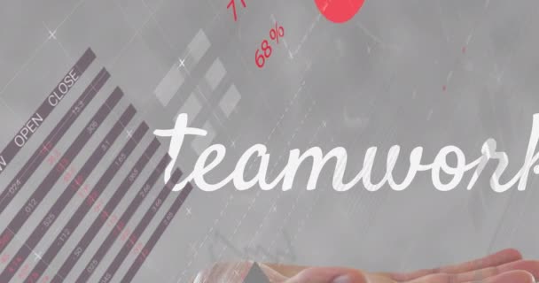 Animatie Van Teamwerk Tekst Handen Tegen Statistische Gegevensverwerking Grijze Achtergrond — Stockvideo