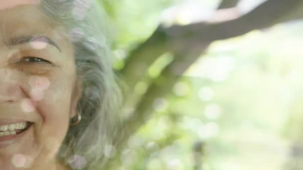 Animação Pontos Luz Árvores Sobre Mulher Biracial Sênior Sorridente Jardim — Vídeo de Stock