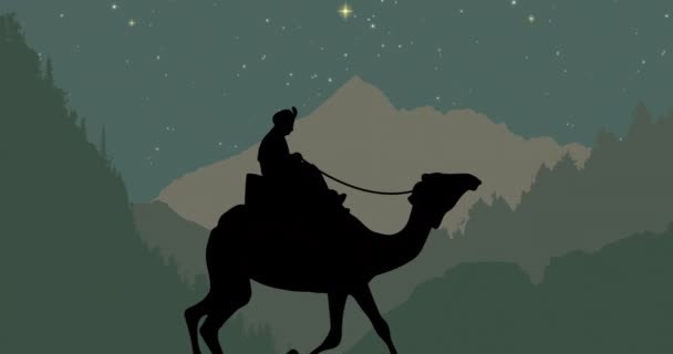Animación Del Hombre Sabio Camello Estrellas Fondo Las Montañas Navidad — Vídeo de stock