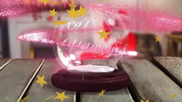 Animation Von Sternschnuppen Und Linsenfackeln Rund Frohe Feiertage Text Schneekugeln — Stockvideo