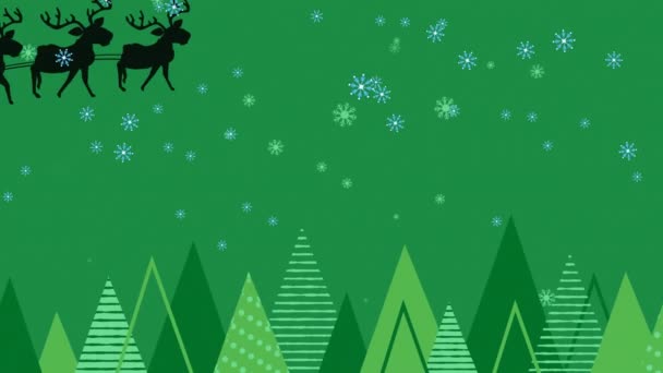 Animação Flocos Neve Trenó Equitação Santa Com Renas Árvores Contra — Vídeo de Stock