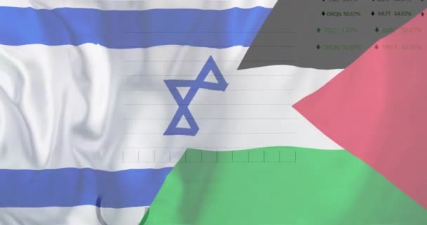 イスラエルとパレスチナの旗をめぐる金融データ処理のアニメーション パレスチナのイスラエル紛争 ビジネス データ処理のコンセプトデジタル生成ビデオ — ストック動画