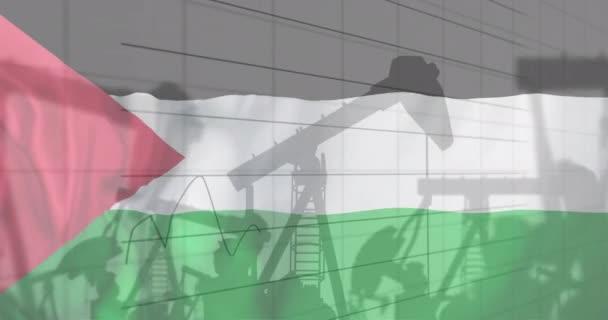 Animasi Rig Minyak Dan Pengolahan Data Keuangan Atas Bendera Palestine — Stok Video