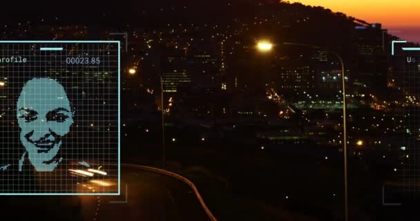 夜間の都市交通の空中ビューに対するプロフィールアイコンの変更のアニメーション グローバルネットワーキングとビジネス技術コンセプト — ストック動画